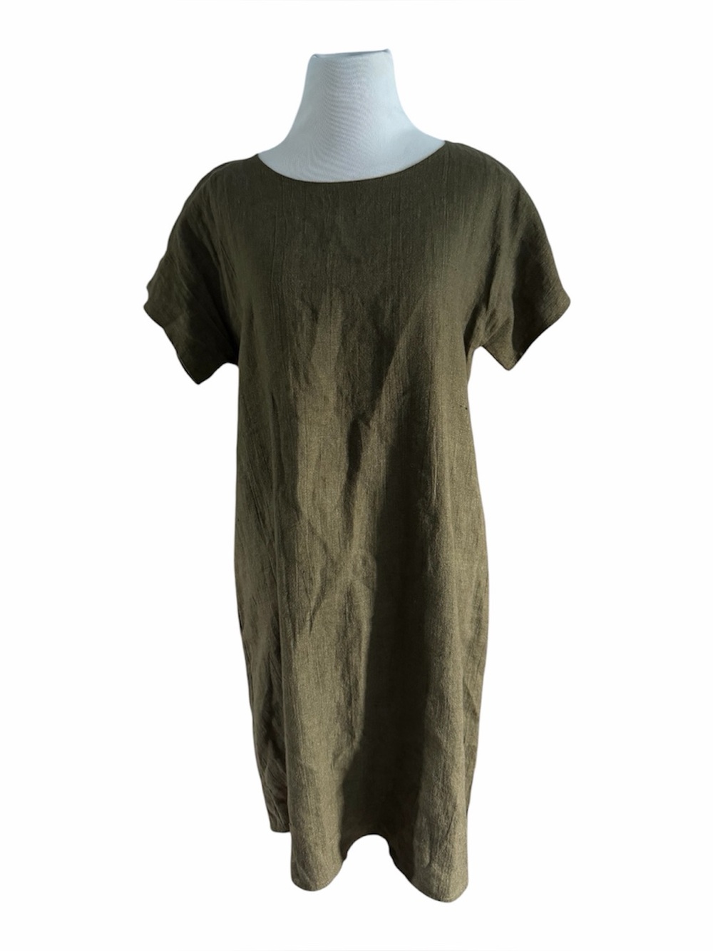 GHISSU Olive Green Linen Blend Short Sleeve Shift Midi Dress Size S Minimalist